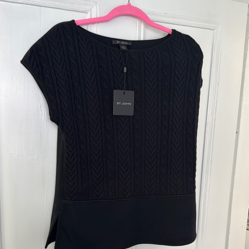 St. John Black Ribbed Asymmetrical Blouse NWT large $595 retail